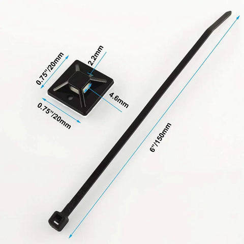 Self Adhesive Wire Clips And Cable Zip Tie Mounts Three Quarter Inch With Six Inch Zip Ties Black Outdoor UV Protected 100 Pieces Sticky Wire Fasteners For Cable Management And Mounting Square Holder Anchor Base Small