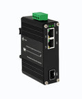 Rock Solid Mini Industrial Gigabit Ethernet Switch With Din Rail Mount And Fiber Optic Converter, compact device with dual RJ45 ports.