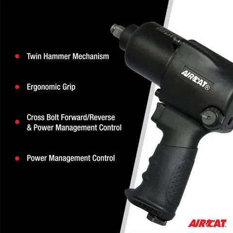 Heavy Duty One Half Inch Impact Wrench With Eight Hundred Ft Lbs Max Torque And One Thousand Ft Lbs Loosening Torque Twin Hammer Mechanism Ni Cr Mo Alloy Steel Triple Hardened For Ultimate Reliability Ergonomic Grip Black Finish side view with ergonomic grip and control features