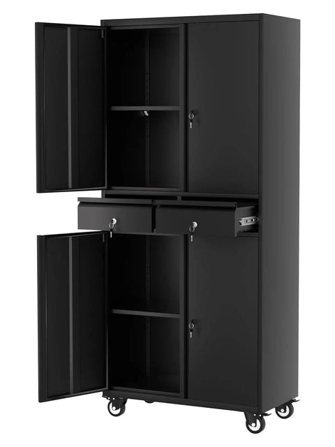 Front view of 72 Inch Metal Storage Cabinet On Wheels With Locking Doors And Two Drawers, Heavy Duty Rolling Garage Organizer With Adjustable Shelves