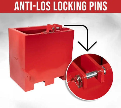 Beefy 3 Point Hitch Tractor Ballast Box With 800 Lbs Capacity, anti-loss locking pins detail, red steel construction