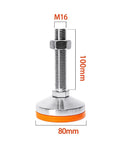 Heavy Lifters Carbon Steel Leveling Feet Three Pack Adjustable Screw Legs With Grip Tight Non Slip Pads For Machinery Racks Easy Setup On Uneven Floors Rock Solid Stability, showing dimensions M16, 100mm height, and 80mm base.