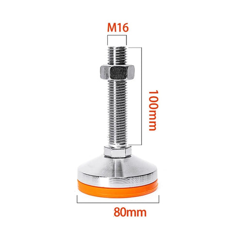 Heavy Lifters Carbon Steel Leveling Feet Three Pack Adjustable Screw Legs With Grip Tight Non Slip Pads For Machinery Racks Easy Setup On Uneven Floors Rock Solid Stability, showing dimensions M16, 100mm height, and 80mm base.
