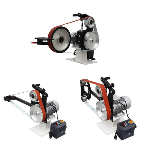 Tabletop Belt Sander And Knife Grinder With Multi Angle Sharpener And Polisher featuring three swappable wheels for versatile sharpening.