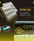 TOVO PRIME anti-fog eyeglasses cleaning wipes box with 200 individually wrapped wipes and microfiber lens cloth front view
