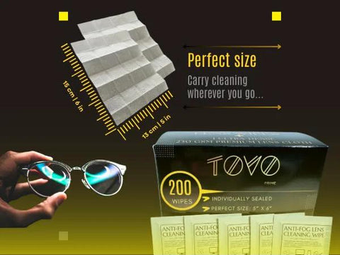 TOVO PRIME anti-fog eyeglasses cleaning wipes box with 200 individually wrapped wipes and microfiber lens cloth front view