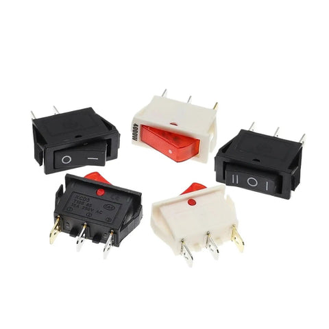 Isolation Switch Rocker 2 Position 3 Pin With Light for electrical gear showing multiple black and white units with red indicator.