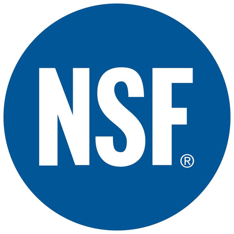 NSF blue circular certification logo with white NSF lettering (front view).