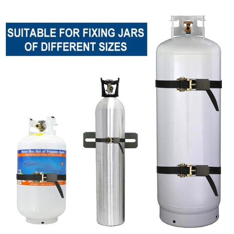 Propane Tank Holder And Wall Mounted Bracket Set with steel cylinder holder and ratchet straps on various sized gas cylinders