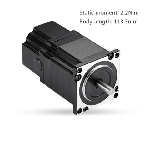 Open-loop brake stepping motor with black body and silver front plate; driveshaft protrudes.