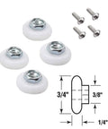 Top Shelf Hella Smooth 4 Pack Sliding Shower Door Rollers Featuring 3/4 Inch Convex Nylon Wheels And Ultra Quiet Ball Bearings For Glass Tub Track Replacement Includes Screws with detailed dimensions.