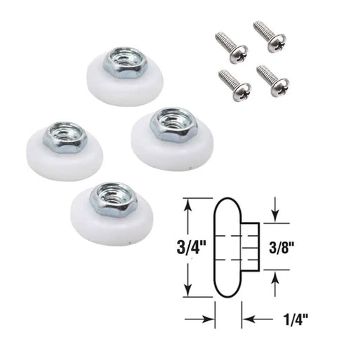 Top Shelf Hella Smooth 4 Pack Sliding Shower Door Rollers Featuring 3/4 Inch Convex Nylon Wheels And Ultra Quiet Ball Bearings For Glass Tub Track Replacement Includes Screws with detailed dimensions.
