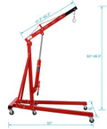 No Sweat Lifting Two Ton Folding Hydraulic Engine Hoist Cherry Picker with telescopic boom, dimensions shown, red steel base.