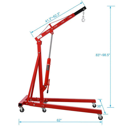 No Sweat Lifting Two Ton Folding Hydraulic Engine Hoist Cherry Picker with telescopic boom, dimensions shown, red steel base.