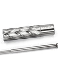 Angled view of two-piece annular cutter set: Weldon-shank cutter and long HSS slugger bit.