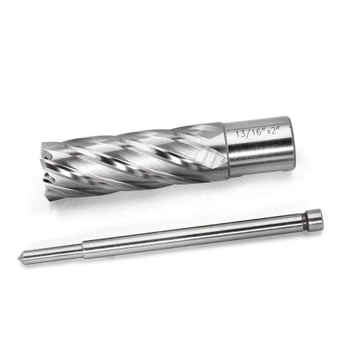 Angled view of two-piece annular cutter set: Weldon-shank cutter and long HSS slugger bit.