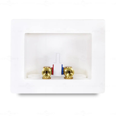 Washing Machine Outlet Box Dual Drain With One-Half Inch Push-Fit Valves ABS One-Piece Washer Box Leak-Proof Design front view