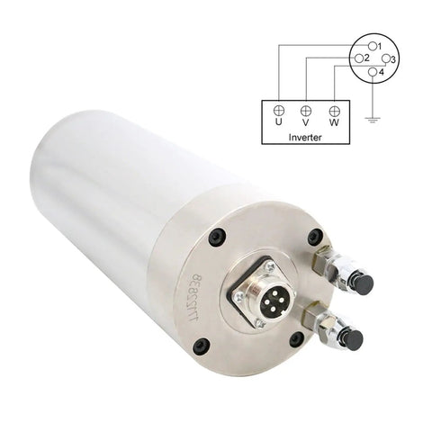 Smooth Operator 2.2KW CNC Spindle Motor With ER20 Collet And Rapid Liquid Cooling For Seamless Engraving Milling And Drilling No Sweat Wiring With Beast Mode Cutting Power, close-up view of stainless steel housing and connectors.