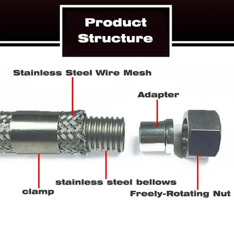 Heavy Duty Air Compressor Jumper Hose 20 Inch Long With Quarter Inch NPT Male Connector showing stainless steel components.