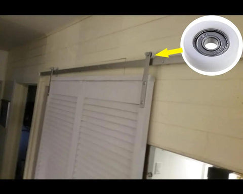 Heavy Duty White Nylon Bearing Pulley Flat Wheel Loaded With Dependable 608Z Ball Bearings For Hella Smooth Gliding On Sliding Doors Closet Hardware And DIY Shop Fixes An Absolute Legend Pack Of Four mounted on sliding door track.
