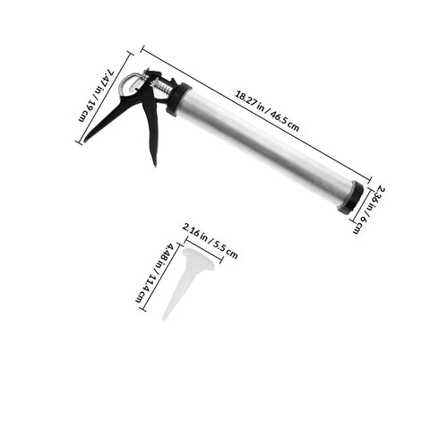Top Tier Metal Caulk Gun With Thick Half Round Rod For Windows Doors And Bathroom Sealant Worry Free Application Adhesive Applicator dimensions shown