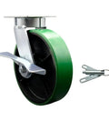 Heavy Duty Kingpinless Swivel Caster With 8 Inch Green Polyurethane Wheels Built Like A Tank Moves Heavy Gear Effortlessly Handles 1250 Lbs Ball Bearing Brake with locking mechanism.