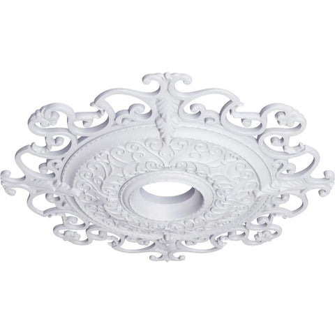 Beefy Ceiling Medallion With Forty And Three Eighths Inch Outer Diameter Inner Opening Six And Five Eighths Inches Projection Two And Seven Eighths Inches Lightweight For Quick Install Canopy Fits Up To Eight And A Quarter Inches Easy To Cut Drilled Or featuring ornate design and lightweight polyurethane construction