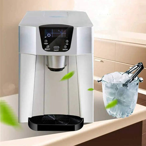 Kickass Countertop Ice Maker Cranks Out 33 Pounds Daily In Just 7 Minutes showing sleek stainless steel design and ice bucket.