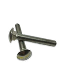2-1/2 Inch Stainless Steel Round Head Carriage Bolt Heavy Duty Fastener One Bolt Kit For Building And Maintenance Projects Built To Last Beefy Durability For Wood, Metal, And Outdoor Use. Two stainless steel round head carriage bolts on white background