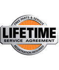 Lifetime service agreement logo with text about free parts and service, registration required for Robust Four And A Half Inch Angle Grinder.