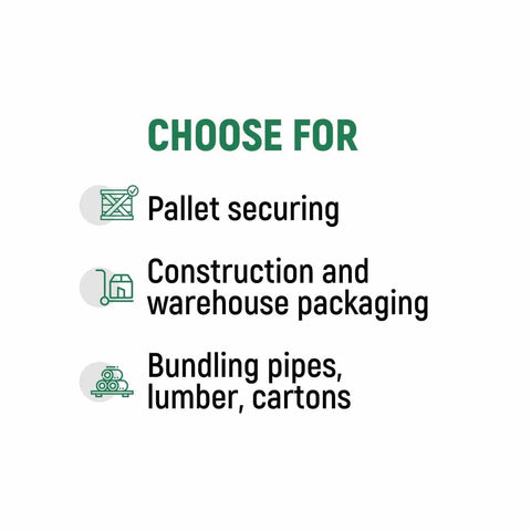 5/8 Inch Wide PET Polyester Strapping Roll uses: pallet securing, construction packaging, bundling pipes, lumber, cartons.