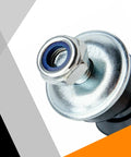 Close-up of front sway bar end link with blue bushing and nut