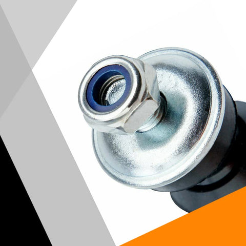 Close-up of front sway bar end link with blue bushing and nut
