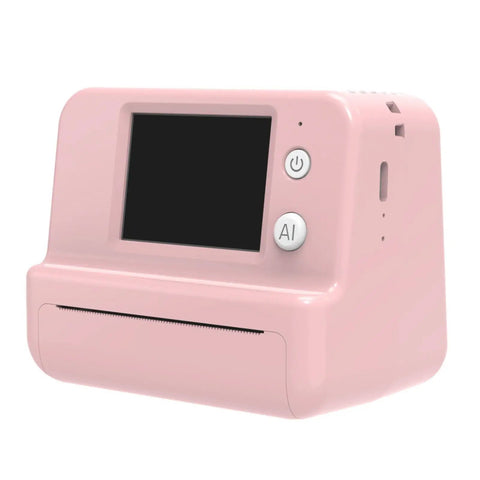 Totally Rad Pink Mini Thermal Printer With AI Voice Recognition and Built In Display, compact design with buttons and screen.
