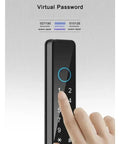 No Sweat Smart Fingerprint Lock With Phone App Control And IP65 Waterproof Build For Push Pull Handles And Sliding Doors Keyless Entry Electronic Deadbolt Touchscreen Keypad Quick Setup Tight Home Security with illuminated touchscreen showing virtual password input.