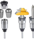4 Pcs 1/4 Inch Shank Router Collet Extension Set With Chuck Converter Adapter includes ER20 collets and router bits for woodworking.