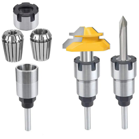4 Pcs 1/4 Inch Shank Router Collet Extension Set With Chuck Converter Adapter includes ER20 collets and router bits for woodworking.