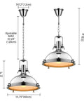 Industrial Nautical Style Pendant Light With Frosted Diffuser In Chrome 15.75 Inch Wide Single Pendant Lamp with dimensions