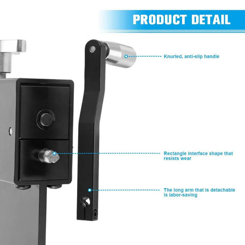 Close-up of Bead Roller Tool showing knurled handle, rectangular interface, detachable long arm; Pro Grade Bead Roller Beading Machine detail.