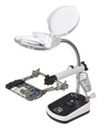 Heavy Duty Clamping Magnifying Glass Lamp With Adjustable Height And Angle For Precision Welding Repairs Desktop Workbench Maintenance Jobs, with a clear lens and circuit board.
