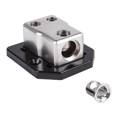 Power Distribution Block For Car Audio With 1/0 Or 4 AWG In Dual 4/8 AWG Out Solid Zinc Alloy For Maximum Conductivity Premium Block Cover Reducers Included Heavy Duty Mounting Block For Clean Wiring And Safe Install on black base, with reducer