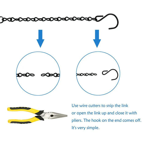 Instructions showing how to use pliers to adjust 10 Pack 9.5 Inch Black Heavy Duty Hanging Chains For Easy Outdoor Garden Plant Hangers Bird Feeders Baskets Planters Lanterns Wind Chimes And Decorative Ornaments For Outdoor Decor.