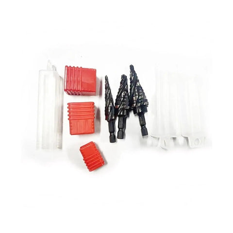 Rock Your DIY Projects With This 3 Piece Step Drill Bit Set Feat 1/4 Inch Hex Shank For High Speed Drilling In Wood And Plastic Plus No More Changing Bits Just Get It Done! 3 black step drill bits in cases
