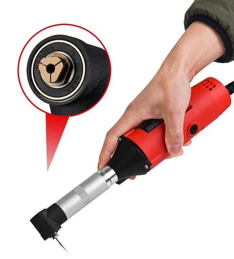 VOTOER 550W corded die grinder, red handheld rotary tool with metal nose and cutting bit.