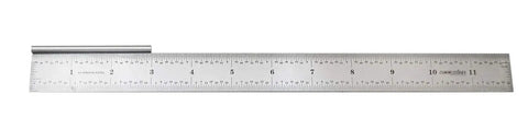 Metal ruler with metric and imperial measurements. Measures up to 11 inches or 28 centimeters. Made of stainless steel.