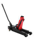 Heavy Duty Two Point Five Ton Hydraulic Floor Jack With Drop Flat Profile And Three Sixty Slick Swivel Wheels showing a red hydraulic cylinder and black base.