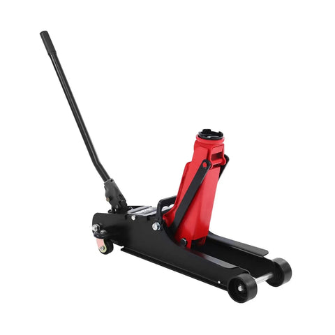 Heavy Duty Two Point Five Ton Hydraulic Floor Jack With Drop Flat Profile And Three Sixty Slick Swivel Wheels showing a red hydraulic cylinder and black base.