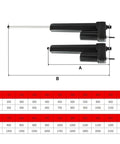 Image of Heavy Duty 24V Linear Actuator With Badass 1000N Force And Smooth 850Mm Stroke dimensions and stroke length chart.