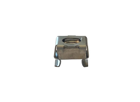 Rock Hard 1/4-20 Snap-On Stainless Steel Cage Nuts For Server Racks, close-up view showing metal construction and captive design.