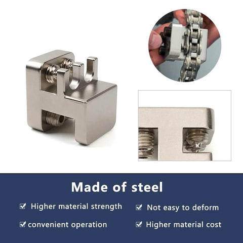 Master Link Press Tool For 520 525 530 Motorcycle Chains Beefy Steel Alignment Tool showing steel construction and close-up in use